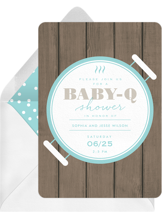 男孩的嬰兒送禮會邀請：Greenvelope 的 Backyard Baby-Q 邀請設計