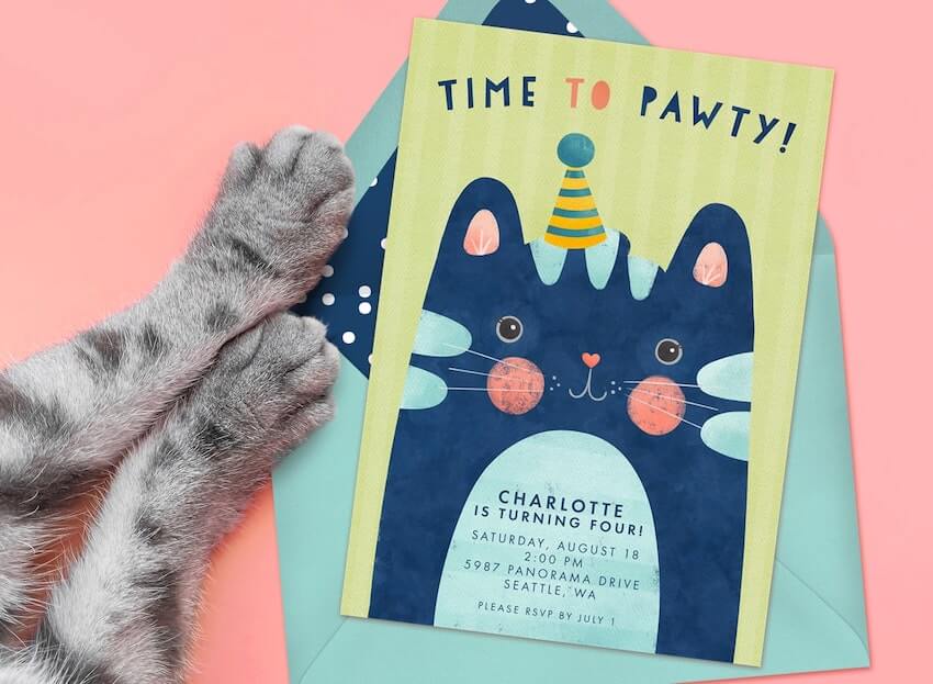 貓生日請柬:Time To Pawty 邀請卡旁邊的貓爪