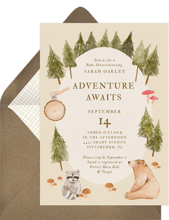 嬰兒送禮會主題：Greenvelope 的 Woodland Charm Invitation