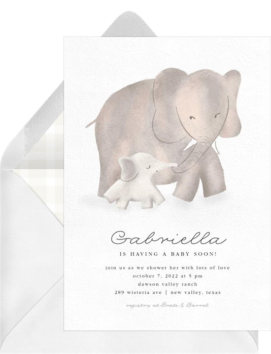 虛擬嬰兒送禮會邀請措辭：Greenvelope 的 Mama Elephant Invitation
