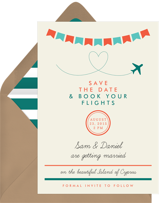 保存日期的想法：來自 Greenvelope 的 Airmail Bunting Save the Date 設計