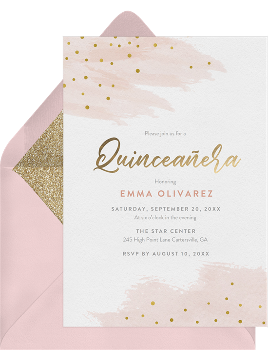 來自 Greenvelope 的金色 Quinceañera 邀請函