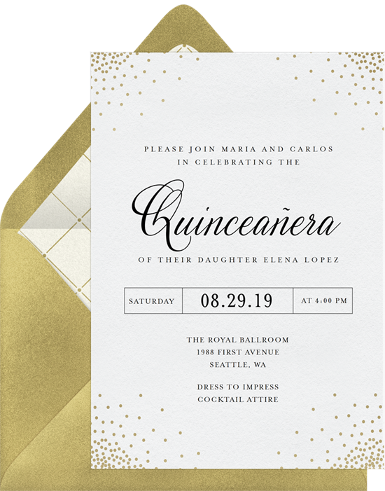 來自 Greenvelope 的優雅五彩紙屑 Quinceañera 邀請函