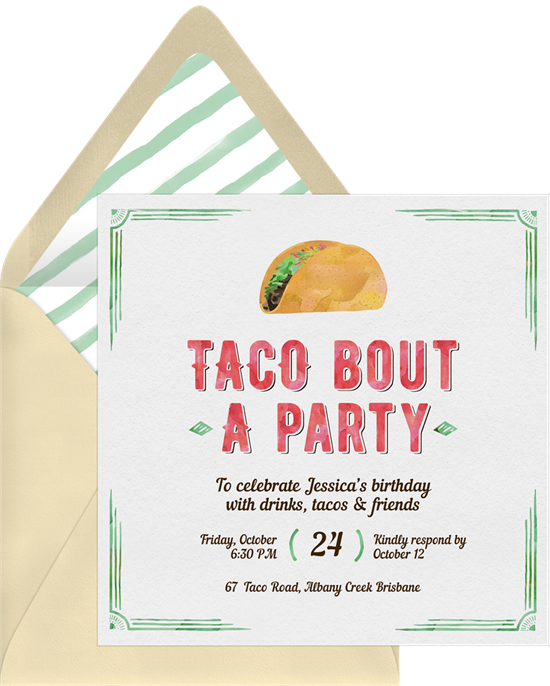 Sweet 16 邀請函：Greenvelope 的 Taco Bout a Party 邀請函設計