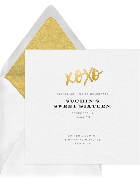 Sweet 16 邀請函：Greenvelope 的 Metallic XOXO 邀請函設計