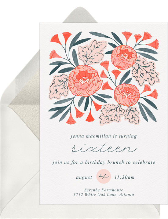 Sweet 16 邀請函：Greenvelope 的 Pretty Peonies 邀請函設計