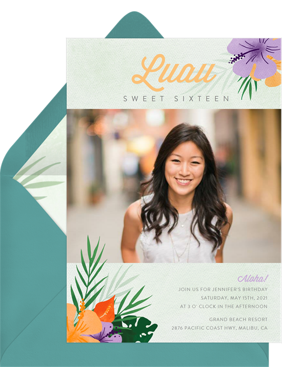 Sweet 16 邀請函：Greenvelope 的 Luau Crown 邀請函設計