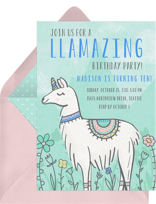 來自 Greenvelope 的 Llama Unicorn 邀請函