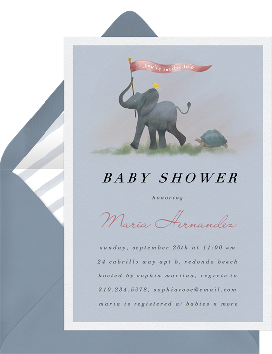 來自 Greenvelope 的 Animal Parade 大象嬰兒送禮會邀請
