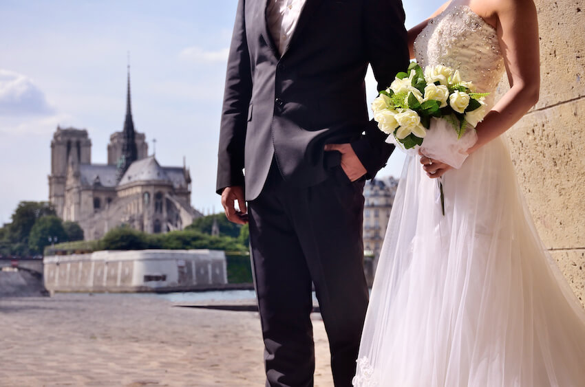 婚禮禮服黑色領帶：站在外面的新娘和新郎