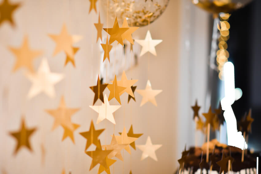 Twinkle twinkle little star baby shower：天花板上掛著金色的星星